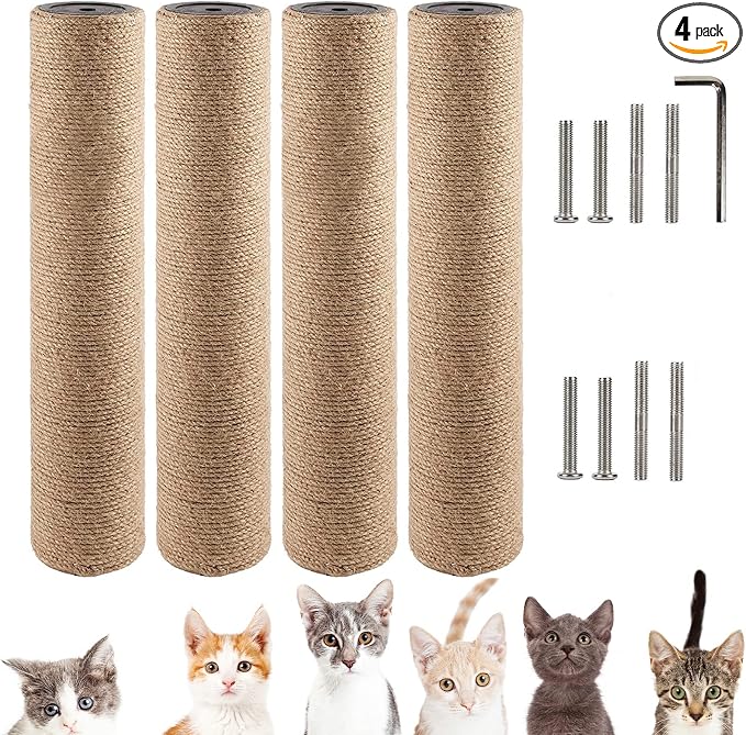 VCEPJH 4-Piece Cat Scratching Post Replacement - 15.7in Refill Pole Parts with Jute Rope - Cat Furniture Protector with M8 Screws for Cat Tree Tower (Yellow)