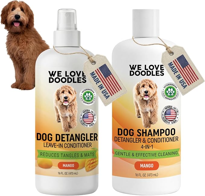 Dog Shampoo & Dog Detangler Spray, Tearless, Dog Bath Supplies, Mango 16 oz | Best Shampoo, Detangling & Dematting Spray for Dogs, For Sensitive Itchy Skin, Tangle Remover, Goldendoodle, Poodle & Doodle