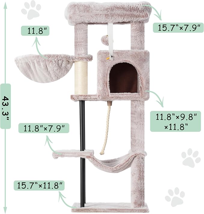Cat Tree, 43.3'' Cat Tower with Hammock for Kittens GCT004SMU | Cat Condo House for Small Indoor Cats, Basket, Scratching Post, Large Platform, Sturdy Steel Tube, Sisal Rope, Mushroom