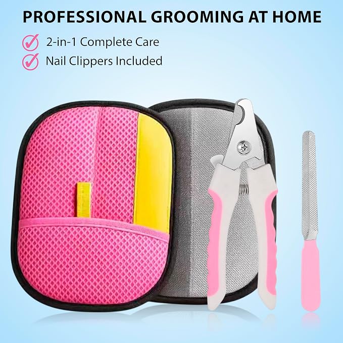 Pet Grooming Glove Set for Dogs & Cats – Premium Pet Hair Removal Glove with Free Nail Clippers & Nail File