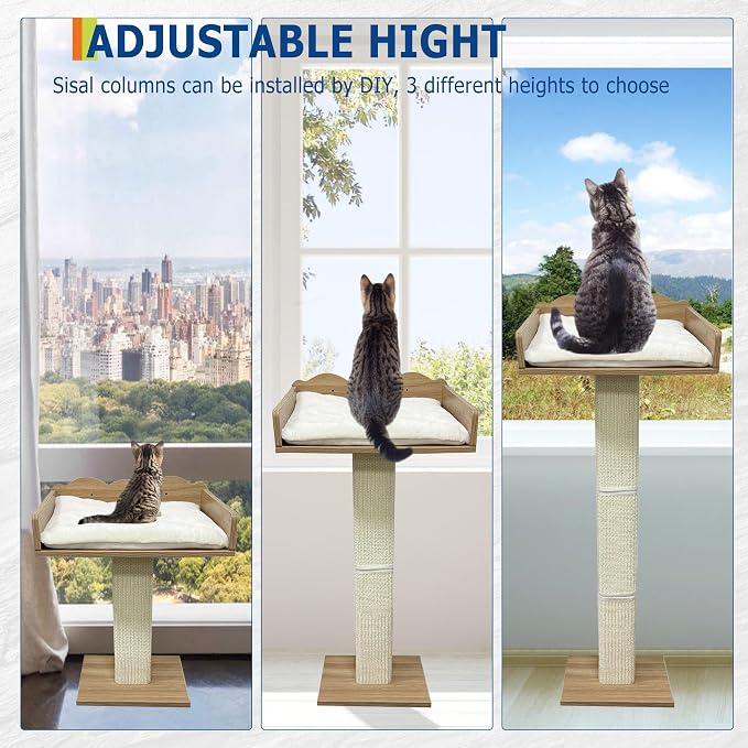 GarveeLife Cat Window Perch with Tall Scratching Posts and 2 Platforms, 40 in Sisal Climbing Tree Hammmock with Suction Cups, 2 Install Ways, Cats Window Bed with Removable Cushion