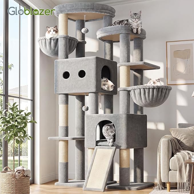 Globlazer Sturdy Cat Tower for Indoor Cats 20lbs, 76in, S76E, Light Grey | Heavy Duty Cat Tree for Adult Big Cats Maine Coon with Scratching Post, 2 Extra Large Top Perch, 2 Padded Cat Condos
