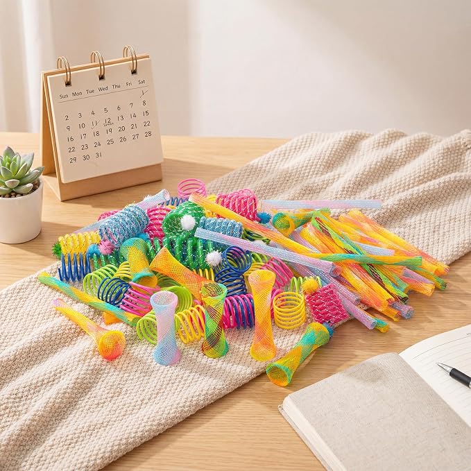 100 Pcs Cat Springs Toys Pack for Indoor Kitten Colorful Cat Supplies Include Interactive Plastic Coil Spiral Spring Rolling Mesh Tubes for Kitten Stray Cats to Bouncing Play Hunt