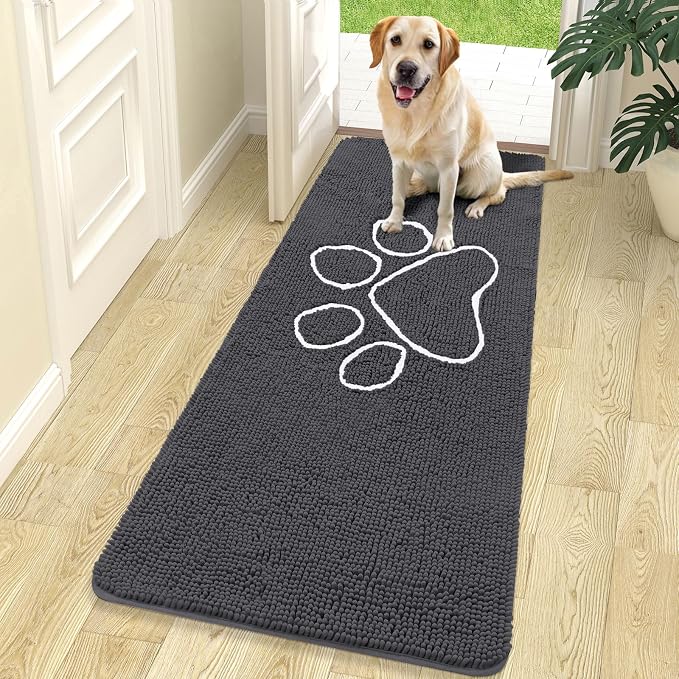 OLANLY Dog Door Mat for Muddy Paws 70x24, Paw Print Design Chenille Mud Mat | Dark Grey, Absorbent, Traps Moisture and Dirt, Non-Slip Washable Doormat, Quick-Drying Indoor Entryway Floor Carpet for Dogs
