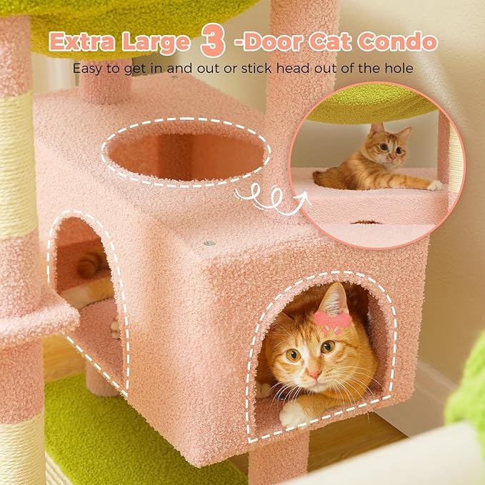 PAWZ Road Flower Cat Tree 72" Cat Tower with Condos&Hammock for Large Cats | cute cat tree in pink&green, 20"×16" hammock for adult cats, 7 scratch posts + pad, dual condos&perches for multi-cats