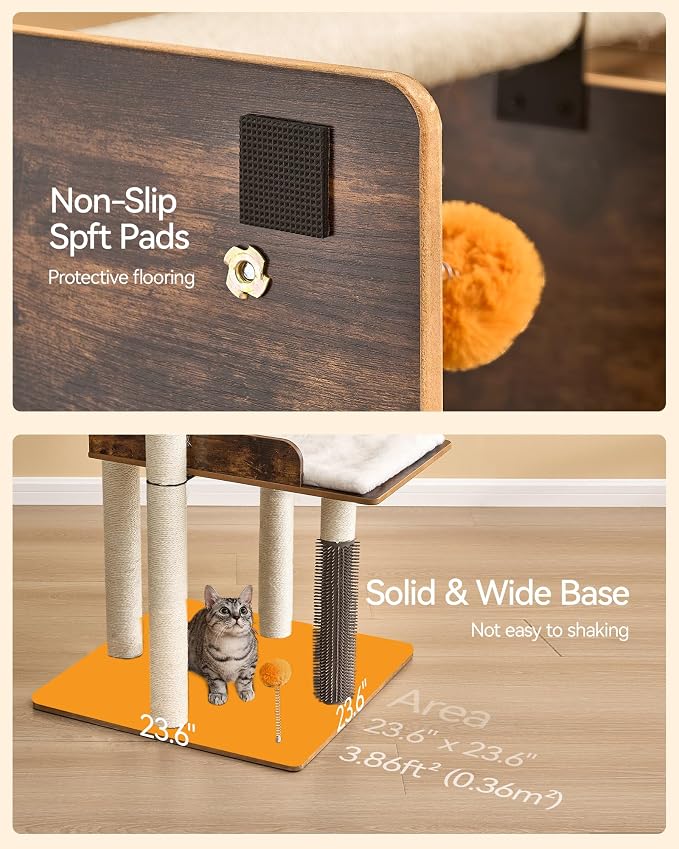 43.7" Cat Tree, Modern Cat Tree Tower, Cat Tower for Indoor Cats Large Adult, Cat Condo with Scratching Post, Large Perch and Removable Pads,Rustic Brown