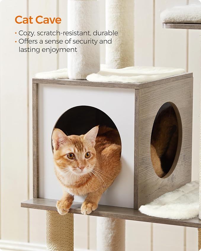 Feandrea Cat Tree, 64.6-Inch Modern Cat Tower, Multi-Level Condo with 5 Scratching Posts, Perch, Washable Removable Cushions, Cave, Heather Greige UPCT166G01 | Contemporary Cat Condo for Indoor Cats, Perch, Washable Removable Cushions, Heather Greige, ...