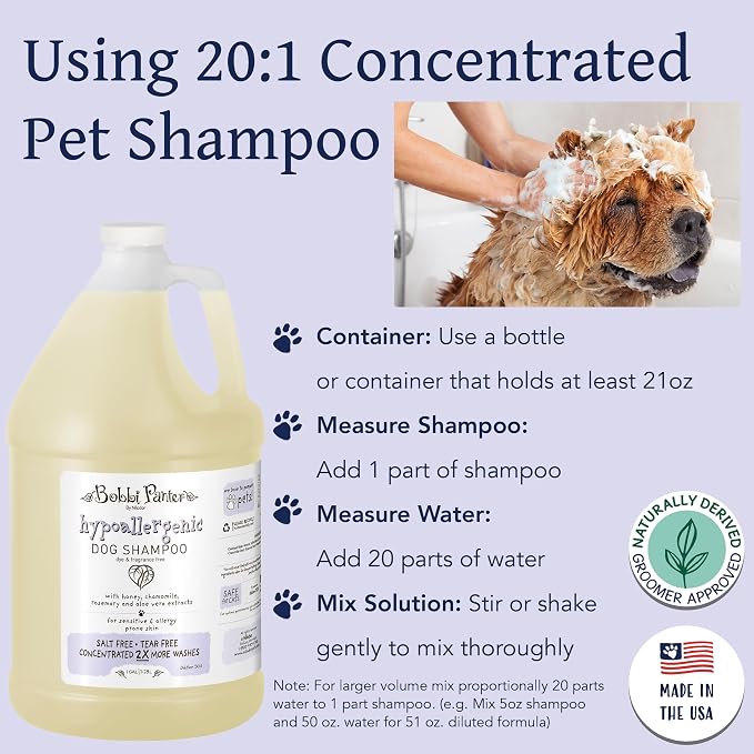 Bobbi Panter Hypoallergenic Dog Shampoo Honey, Aloe Vera, Chamomile & Rosemary – Dye & Fragrance Free Natural Formula for Sensitive & Allergy Skin, Tear-Free, 30:1 Concentrate, 1 Gallon (Case of 4)