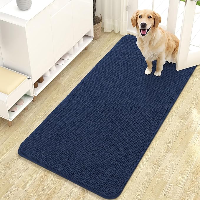 OLANLY Dog Door Mat for Muddy Paws 47x24, Super Absorbent Chenille Mud Mat | Dark Blue, Absorbs Moisture and Dirt, Non-Slip Machine Washable Doormat, Quick-Drying Indoor Entryway Floor Carpet for Dogs
