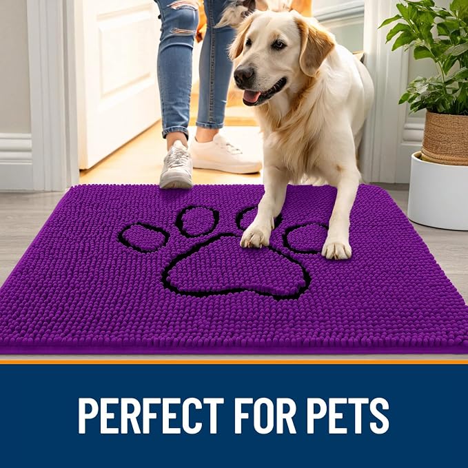 OLANLY Dog Door Mat for Muddy Paws 36x24, Paw Print Design Chenille Mud Mat | Purple, Absorbent, Traps Moisture and Dirt, Non-Slip Washable Doormat, Quick-Drying Indoor Entryway Floor Carpet for Dogs