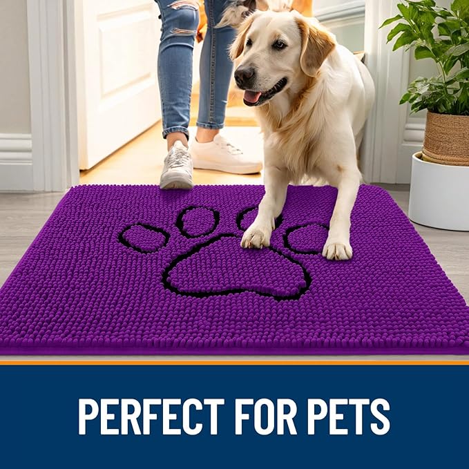 OLANLY Dog Door Mat for Muddy Paws 30x20, Paw Print Design Chenille Mud Mat | Purple, Absorbent, Traps Moisture and Dirt, Non-Slip Washable Doormat, Quick-Drying Indoor Entryway Floor Carpet for Dogs
