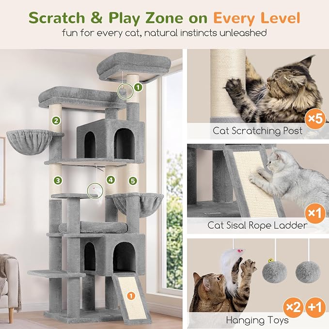 Globlazer Tall Cat Tree for Indoor Large Cats, 75 inch, F75C, Light Grey | Multi-Level Cat Tower, 2 Large Platforms, 2 Oversized Cat Condos, 5 Scratching Posts, Scratching Board, Removable Pet Bed