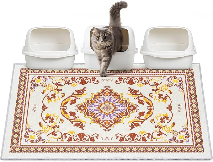 Washable Cat Litter Mat 48"x36" Waterproof Trapping Pad | Kitty Litter Box Mat Featuring A Non-Slip Base And Decorative Design To Trap Scatter For Home Floor Protection