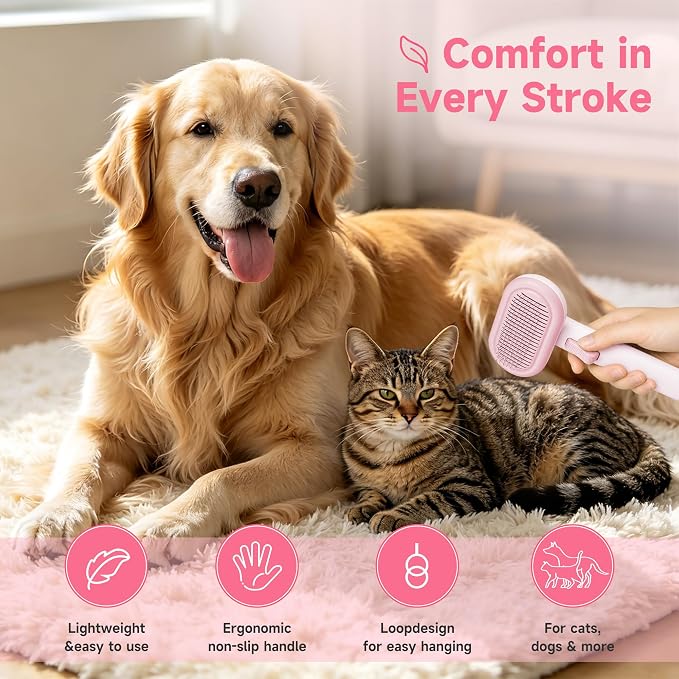 Cat Brush for Shedding, Grooming Comb for Shedding for Dog Kitten Massage Removes Loose Fur, Smooth & Detangling, Cat & Dog Grooming Brush for Short to Medium Length Fur Haired Pets, Pink