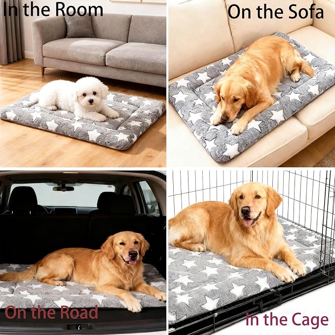 Dog Bed mat Machine-Washable Dog cage mat Gray Star（35x23x1.5in） | Soft reversible design with non-slip bottom, machine washable, lightweight, ideal for crates, travel, and home