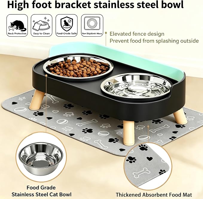 Elevated Dog Bowls with Mat, 2 Stainless Steel for Small Dogs Under 25 Lb | Raised Bowl Stand, Food & Water Set for Cats & Puppies, Splash Proof, Dishwasher Safe, Stain-Resistant Quick-Dry Mat