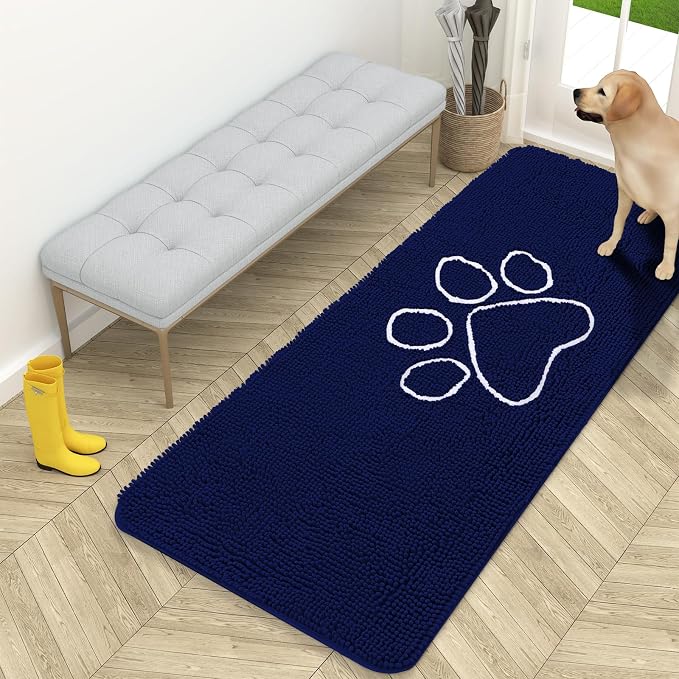 OLANLY Dog Door Mat for Muddy Paws 59x24, Paw Print Design Chenille Mud Mat | Navy Blue, Absorbent, Traps Moisture and Dirt, Non-Slip Washable Doormat, Quick-Drying Indoor Entryway Floor Carpet for Dogs