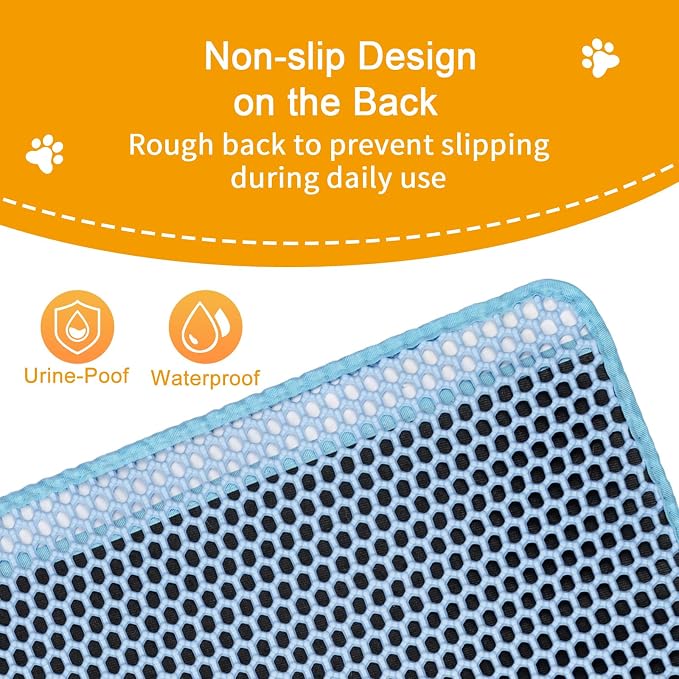 Cat Litter Mat Litter Catcher Mat 32"x22" for Floor, 2 Layer Litter Trapping Mat for Kitty, Waterproof Urine Proof Litter Box Mat, Easy Clean Litter Rug, Blue Medium