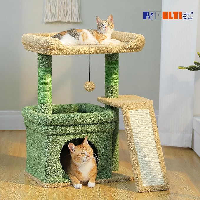 PEQULTI Cat Tree for Small Medium Cats, Green Cat Tower for Indoor Cats | Private cozy cat condo,soft top perch, natural sisal scratching posts & plush pom-pom toy