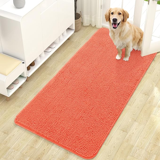 OLANLY Dog Door Mat for Muddy Paws 47x24, Super Absorbent Chenille Mud Mat | Coral, Absorbs Moisture and Dirt, Non-Slip Machine Washable Doormat, Quick-Drying Indoor Entryway Floor Carpet for Dogs