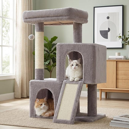 PAWZ Road Cat Tree, 35 Inches Cat Tower with Dual Condos for Adult Cats,Enlarged Top Perch, Scratching Posts&Pad for Indoor Cats-Gray