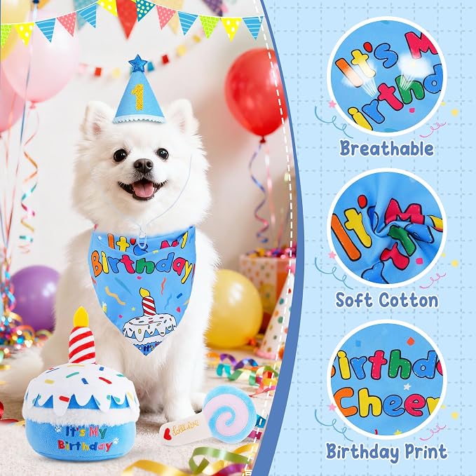 KIPRITII Dog Birthday Party Supplies – Dog Birthday Cake Toys, Birthday Bandana & Hat for Small Dogs, Interactive Puppy Plush Toys to Relieve Boredom