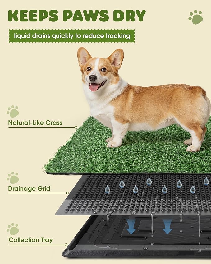 Powools Grass Pad for Dogs Potty - 3-Layer Reusable Dog Grass Pad with Tray, Washable Artificial Grasses Dog Potty Tray with Drainage Holes, Indoor & Outdoor Grass Pee Pad for Dogs, 30" x 20"