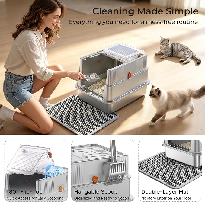 URPOWER Stainless Steel Cat Litter Box for Small Cats, Kitten Litter Box with 180° Flip-Top Lid Enclosed Metal Kitty Litter Box with Mat & Scoop, Odor Free, Non-Sticky, Non-Sticky, Easy Cleaning
