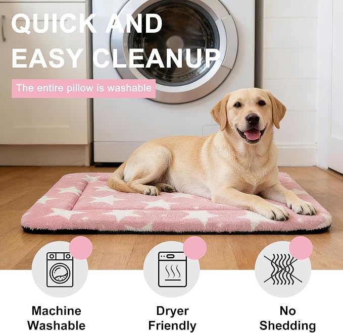 Dog Bed Mat – Soft & Comfortable Dog Kennel Pad for Crate – Durable Crate Bed & Mat for Dogs & Cats – Ideal for Crate, Kennel, and Home Use (Big&Little Stars Pink, L(35"*23"*1.5"))