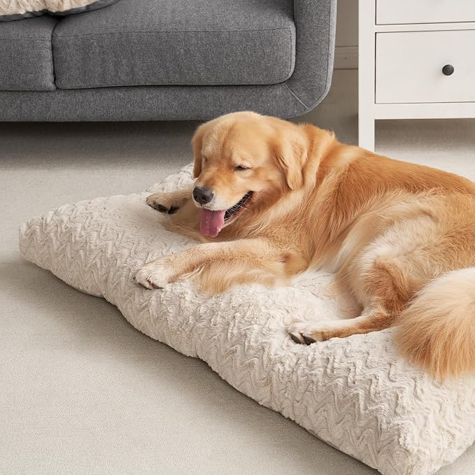 EHEYCIGA Washable Dog Bed for Crate 44x32 Inch, Anti-Slip XL Plus Kennel Pad for Extra Large Dogs Up to 85 lbs, Plush and Comfy Pet Sleeping Mat, Beige