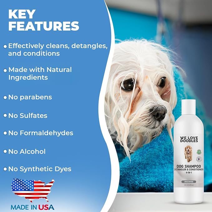 Dog Shampoo Conditioner & Detangler, Hypoallergenic Tearless Unscented 16OZ | For Sensitive Itchy Skin, Hypoallergenic, Tearless, Best Shampoo For Smelly Dogs, Goldendoodle, Poodle & Doodle, Made in USA