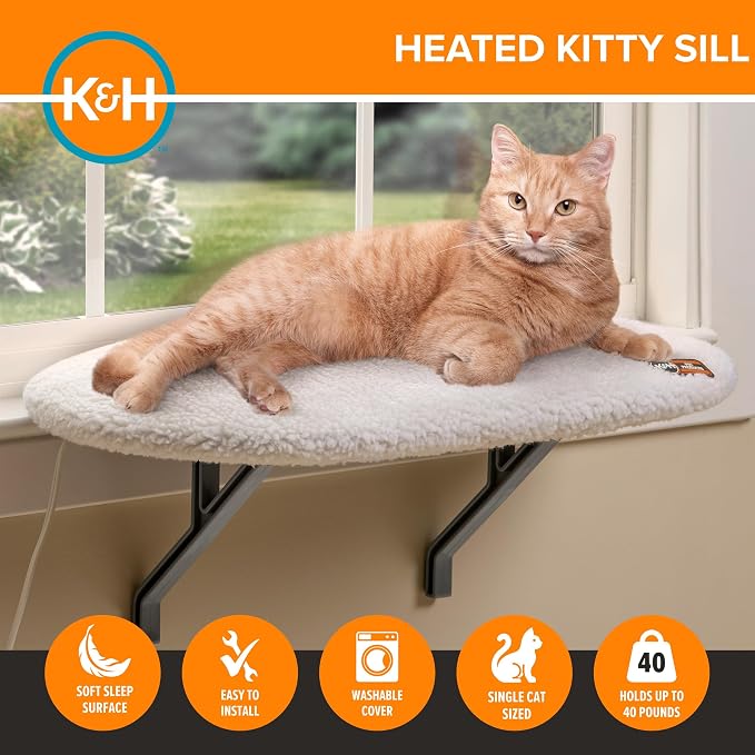 K&H Cat Window Perch, Heated Kitty Sill, Safety Listed, 24x14in, Fleece | Orthopedic Cat Window Hammock Bed Holds 40LBS, Washable Cover, Heated Kitty Windowsill Bed Seat for Indoors, Cream Fleece