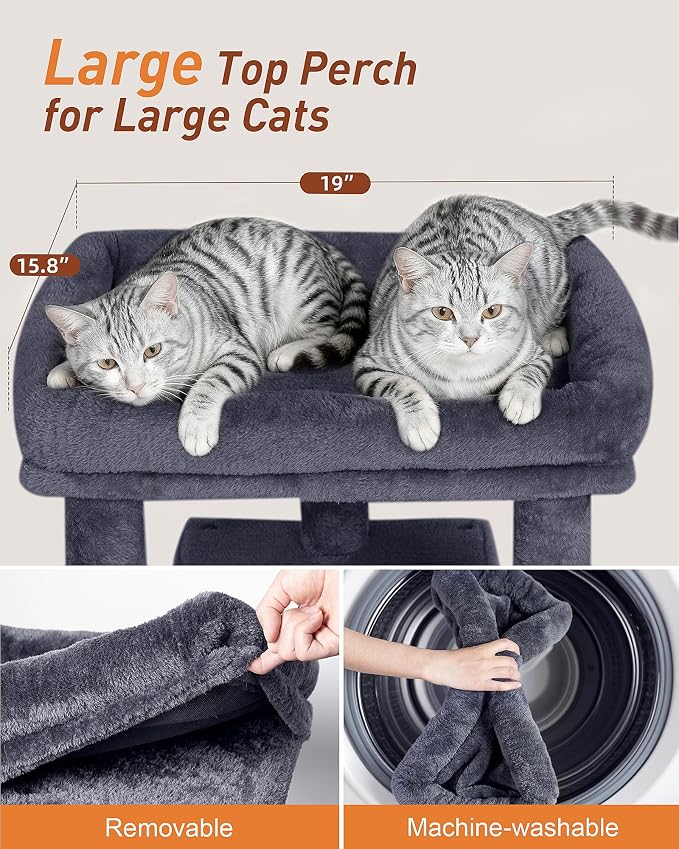 23.6" Cat Tree for Large Cat, 19 * 15.8 in Large Perch, Dark Gray | Cat Tower with Scratching Post, 2-door Cat Condo for Adult Indoor Cats, Easy to Clean and Install, Assembly tools included