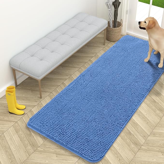 OLANLY Dog Door Mat for Muddy Paws 59x24, Super Absorbent Chenille Mud Mat | Cornflower Blue, Absorbs Moisture and Dirt, Non-Slip Machine Washable Doormat, Quick-Drying Indoor Entryway Carpet for Dogs