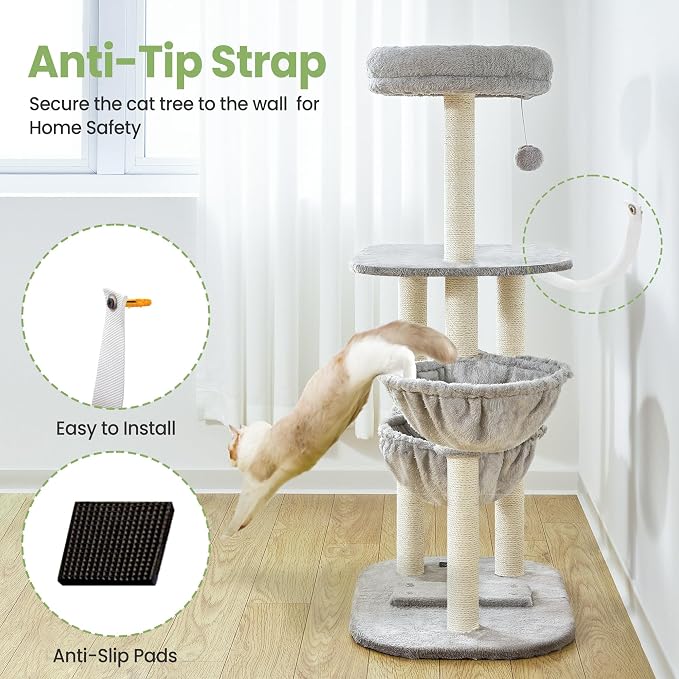 Small Cat Tree Tower with Lots of Scratching Posts - 42 Inch Medium Compact Cats Scratch House with Hammock Perch for Multi Level 2 Kitty - Indoor Corner Cat Bed Condo Climbing Gym Towers Furniture