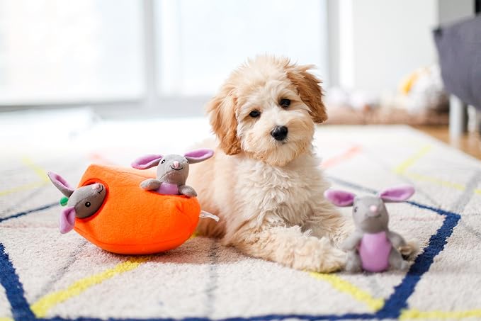 ZippyPaws Burrow- Interactive Dog & Puppy Toys for Boredom, Stimulating Pet Products to Keep Them Busy, Hide & Seek Plush Dog Puzzles, Enrichment Squeaky Toy, for Small & Medium Dogs- Bunny n' Carrot