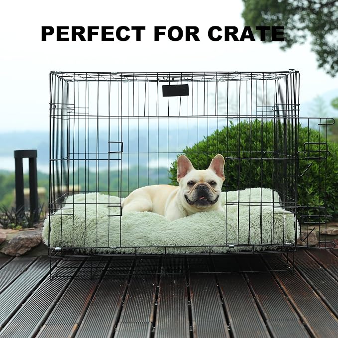 Bedfolks Waterproof Dog Crate Bed, Plush Large Dog Pad, 35"x23", Sage Green | Faux Fur Plush Cover, Removable Washable Outer, Waterproof Inner Lining, Non-Slip Base, Crate Pad and Dog Pillow