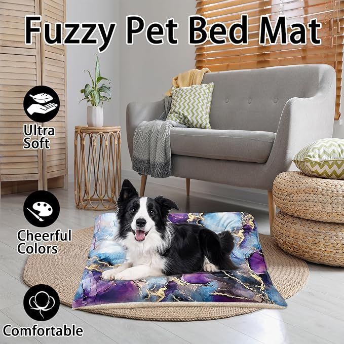 HOSIMA 38L*32W Inch Marble Golden Grain Ink Fluid Print Pet Mat for Under Dog Crate,Blue Fuzzy Washable Pet Crate Pad,Plush Soft Cozy Pad Suitable for Small Dogs Sleeping.