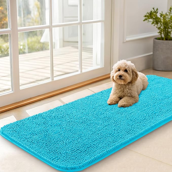 OLANLY Dog Door Mat for Muddy Paws 47x20, Super Absorbent Chenille Mud Mat | Aqua Blue, Absorbs Moisture and Dirt, Non-Slip Machine Washable Doormat, Quick-Drying Indoor Entryway Floor Carpet for Dogs