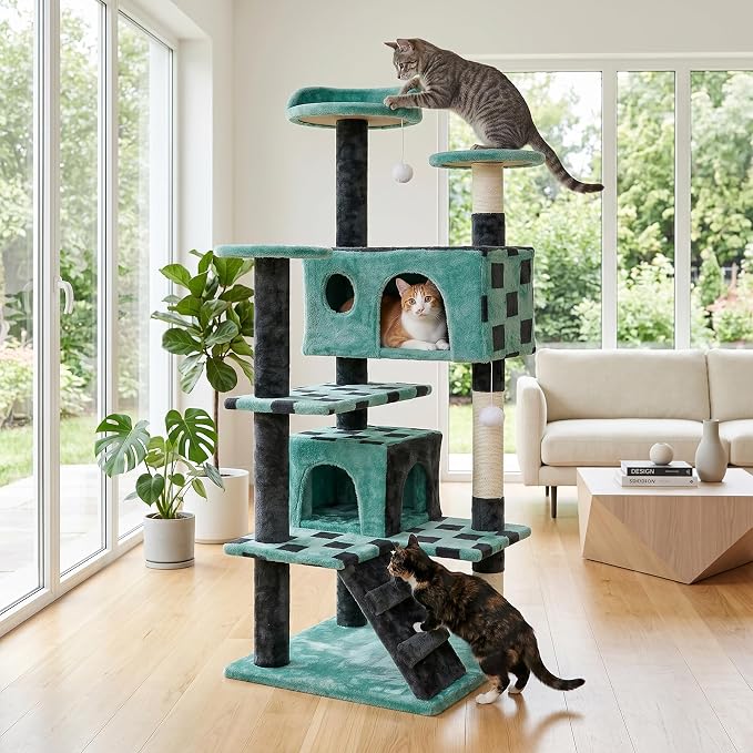 54in Cat Tree Tower for Indoor Cats Multi-Level Cat Condo Cat Bed Furniture with Scratching Post Kittens Activity Center (Green)