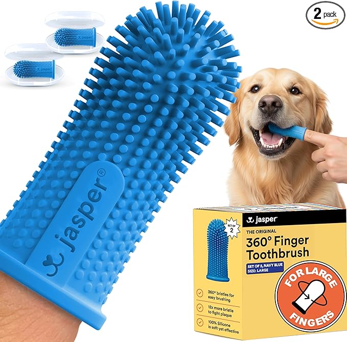 Jasper Large Dog Toothbrush, 360 Degree Pet Tooth Brushing Kit, Cat Toothbrush, Canine Dental Care & Teeth Cleaning Kit, Pet Finger Tooth Brush, Use with Dog Toothpaste, 2-Pack Navy-Blue Large