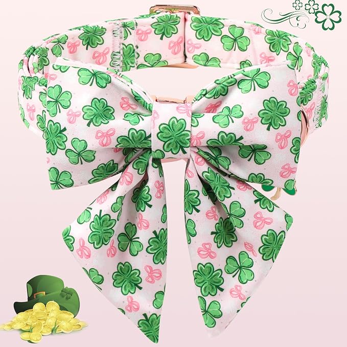 DOGWONG St. Patrick's Day Shamrock Dog Collar with Sailor Bow,Pink Green Four Leaf Clover Pattern Dog Collar, Adjustable Durable Soft Collars Irish Gift for Girl Female Dogs,L
