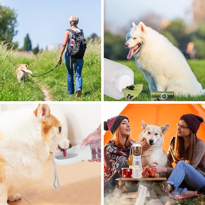 3-in-1 Portable Dog Water Bottle Dispenser,Crate with Food Container, Replaceable Waste Bags,Dog Stuff Accessories Items, Puppy Essentials Necessities,for Walking&Hiking (20oz-White)