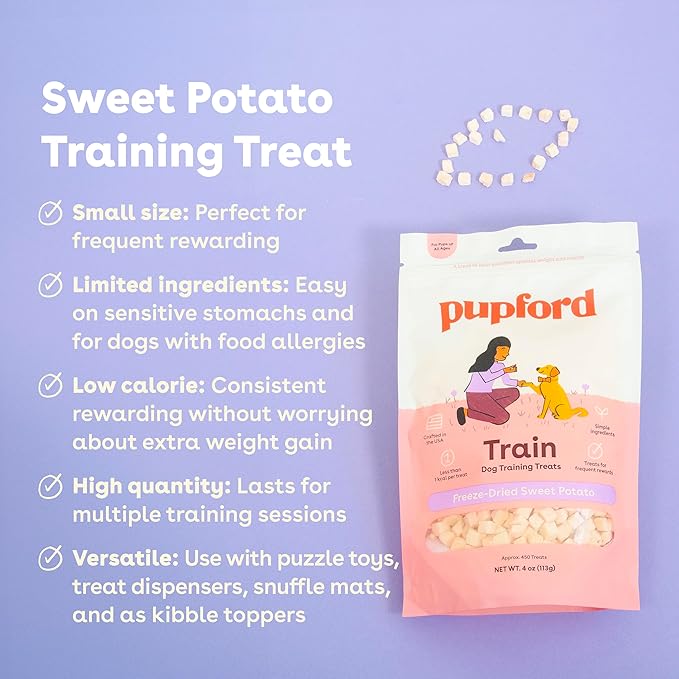 Pupford Freeze Dried Dog & Puppy Training Treats (Sweet Potato, 4 oz) | 450+ treats per bag, Ultra low-calorie, Only 1 ingredient, All breed sizes, Mess free and bite sized, Trainer recommended