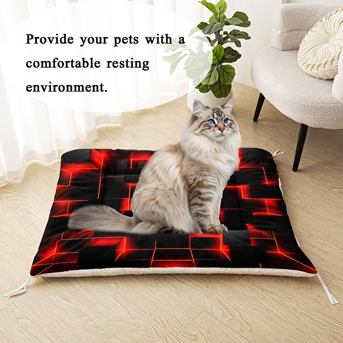 HOSIMA Geometry Print Pet Bed Mat,Fuzzy Crate Pads for Dog Cages,Washable Soft Cozy Sleeping Mat,Plush Red Black Pad Suitable for Large Dog Bed,42L*32W Inch.