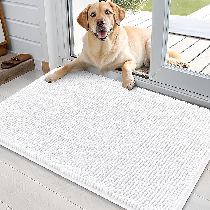 OLANLY Dog Door Mat for Muddy Paws 36x24, Super Absorbent Chenille Mud Mat | White, Absorbs Moisture and Dirt, Non-Slip Machine Washable Doormat, Quick-Drying Indoor Entryway Floor Carpet for Dogs