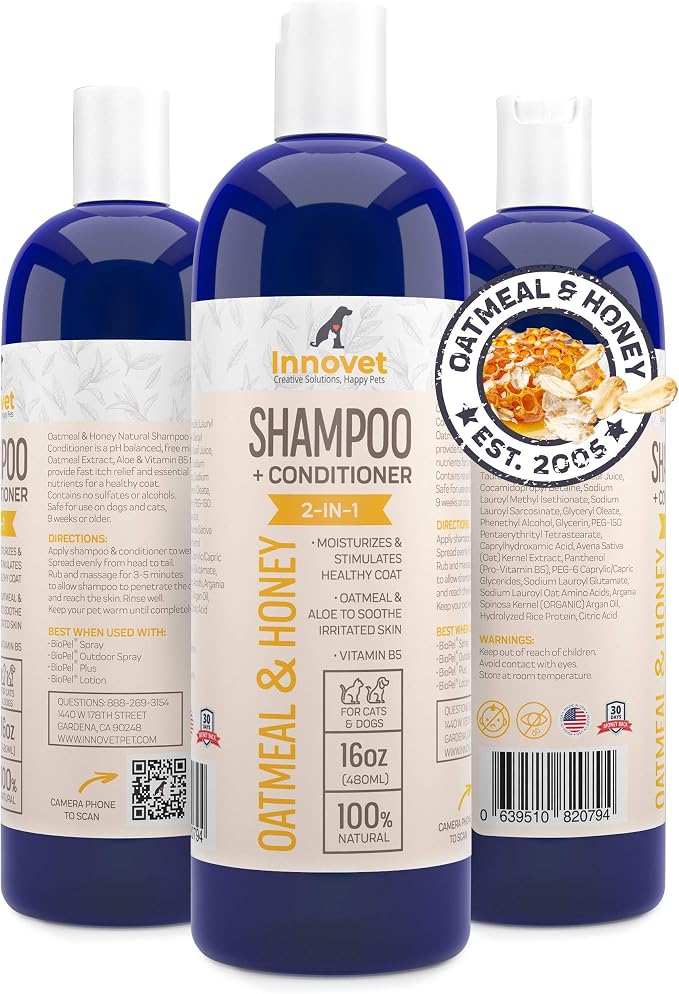 Innovet Pet Products All Natural Oatmeal & Honey Shampoo + Conditioner for Dogs Cats & Small Pets - 16 Oz - No Tear Shampoo for Allergies, Sensitive, Dry Itchy Skin Relief | Made in USA