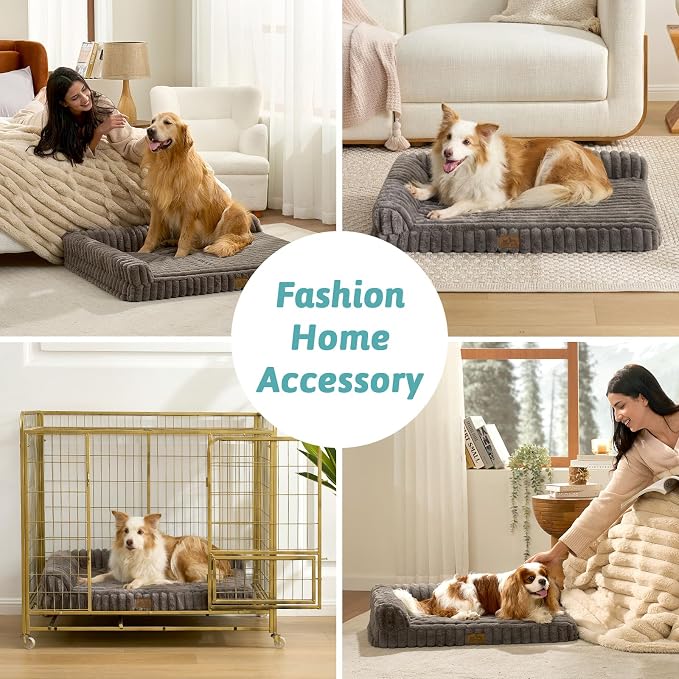 COZY KISS Faux Rabbit Fur Large Dog Bed – 44"x32" Orthopedic Foam Couch with Sides, Removable Washable Cover & Waterproof Lining, Grey