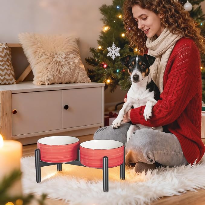 Ceramic Elevated Dog Bowl Set, 6.1''Raised Dog Food and Water Bowl Set with Non-Slip Stainless Steel Stand, Double Raised Dish for Small and Medium Breed, 3.5 Cups / 22 Fl Oz, Purple