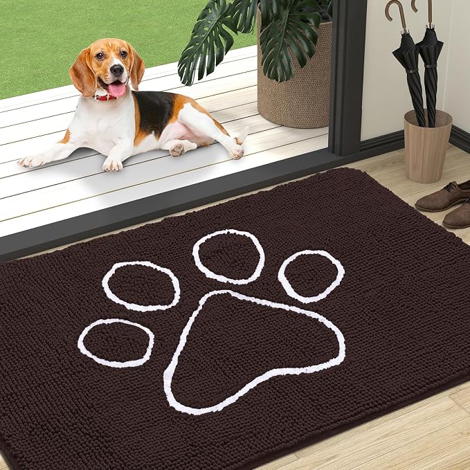 OLANLY Dog Door Mat for Muddy Paws 47x32, Paw Print Design Chenille Mud Mat | Brown, Absorbent, Traps Moisture and Dirt, Non-Slip Washable Doormat, Quick-Drying Indoor Entryway Floor Carpet for Dogs